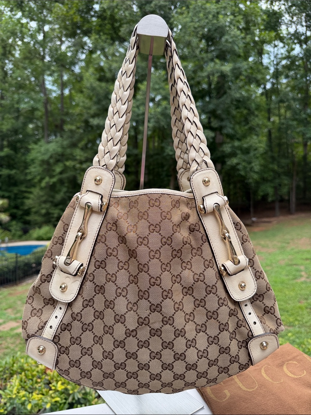 Gucci Beige Brown GG Canvas Braided-Handle Shoulder Bag